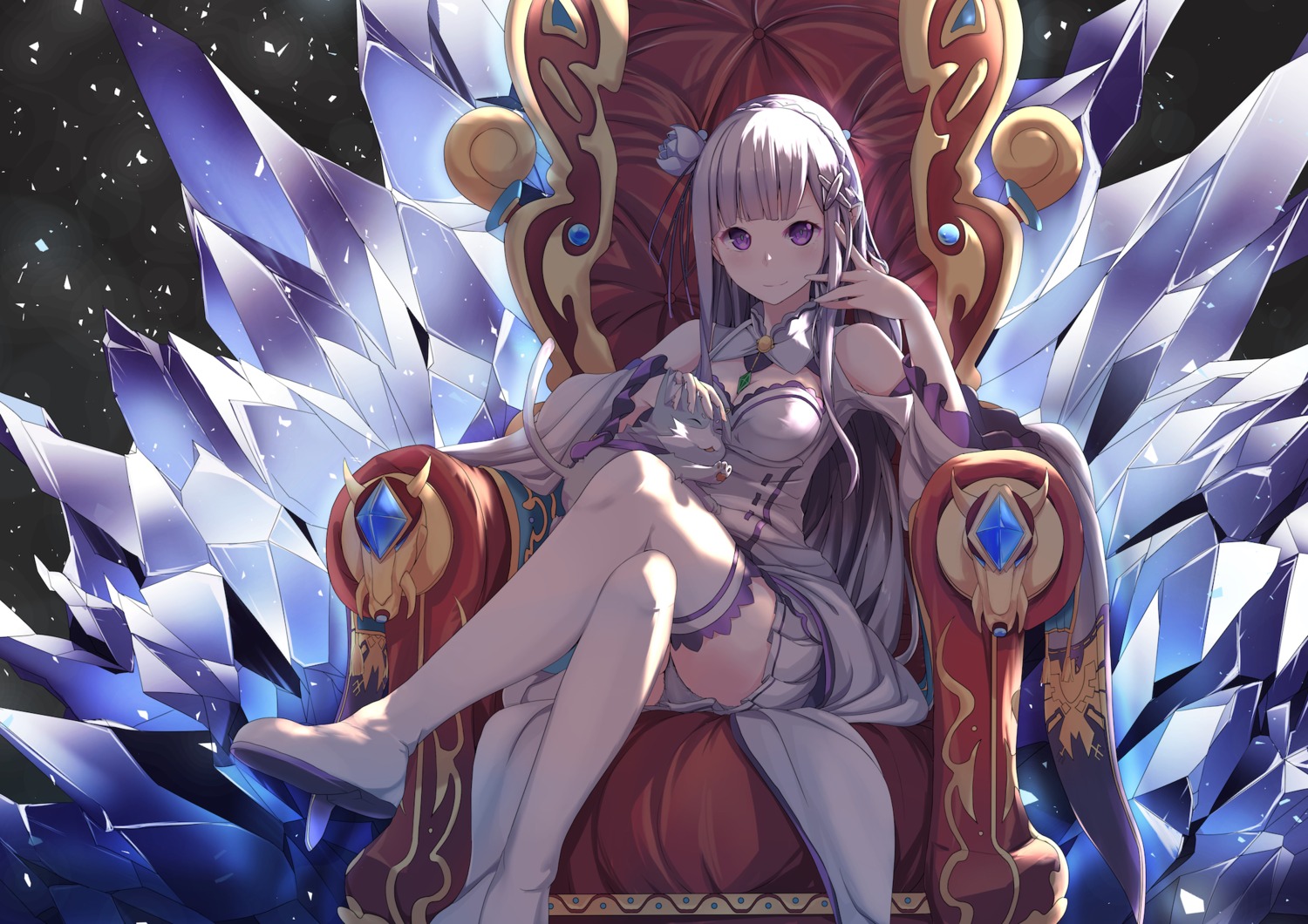 cleavage, cosmicsnic, elf, emilia_(re_zero), neko, pack_(re_zero), pantsu, pointy_ears, re:zero_kara_hajimeru_isekai_seikatsu, thighhighs
