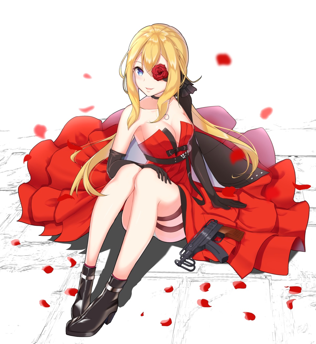 cleavage, dress, eyepatch, garter, girls_frontline, gun, heels, skorpion_(girls_frontline)