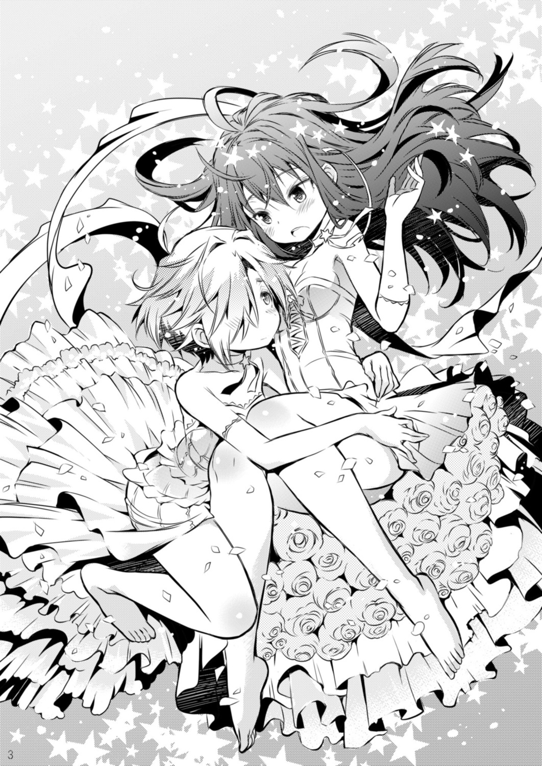 cleavage, dress, feet, mimishiki, monochrome, shibuya_rin, shirasaka_koume, the_idolm@ster, the_idolm@ster_cinderella_girls