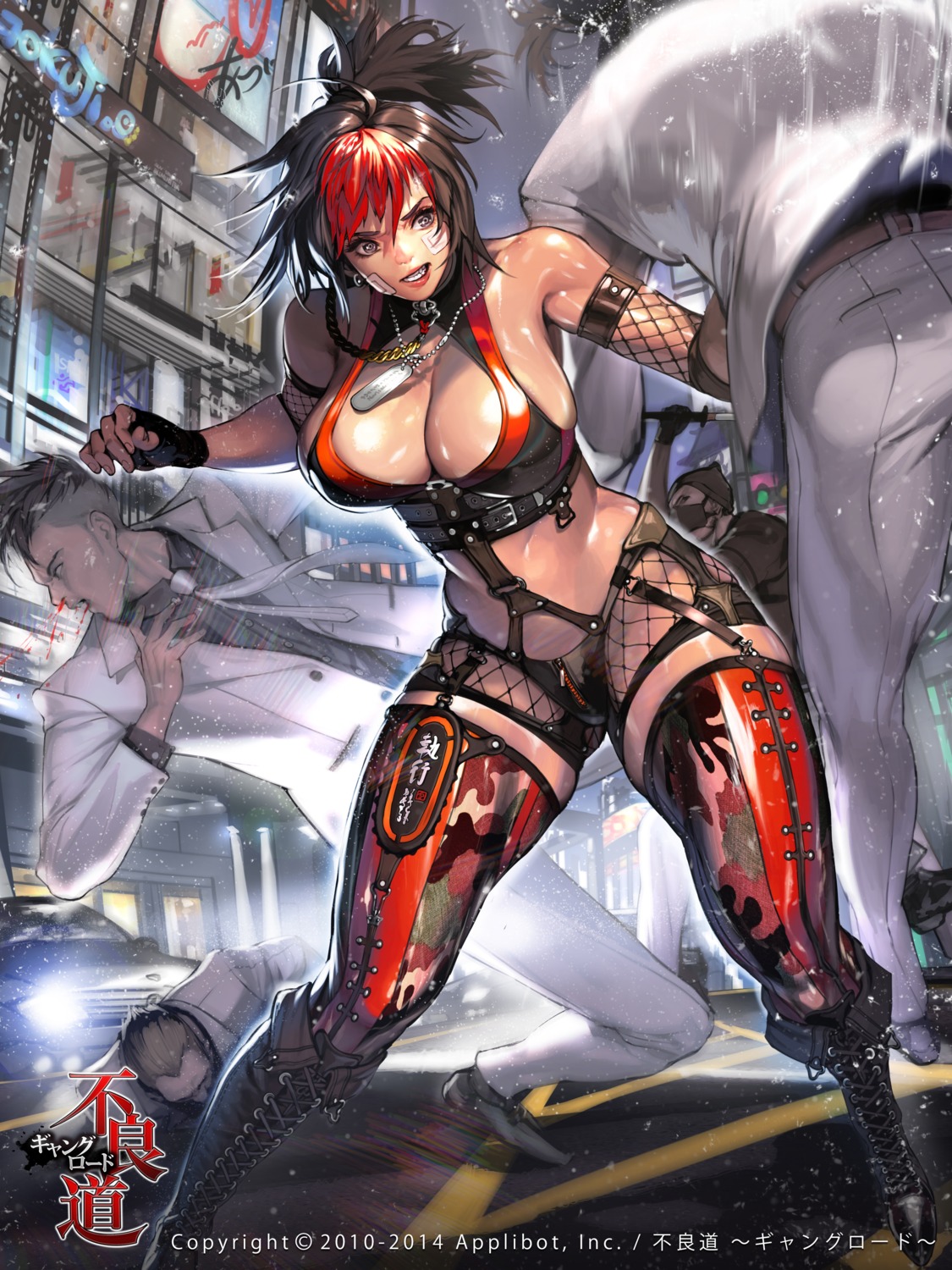 bandaid, blood, cleavage, fishnets, furyou_michi_~gang_road~, heels, hyulla, stockings