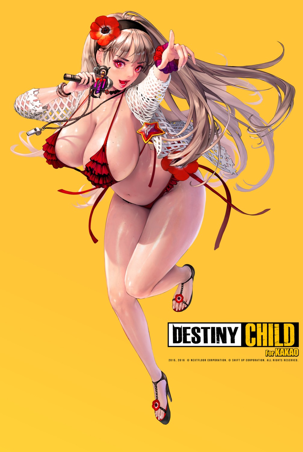 anemone_(destiny_child), bikini, cleavage, destiny_child, heels, hyulla, open_shirt, shift_up, swimsuits