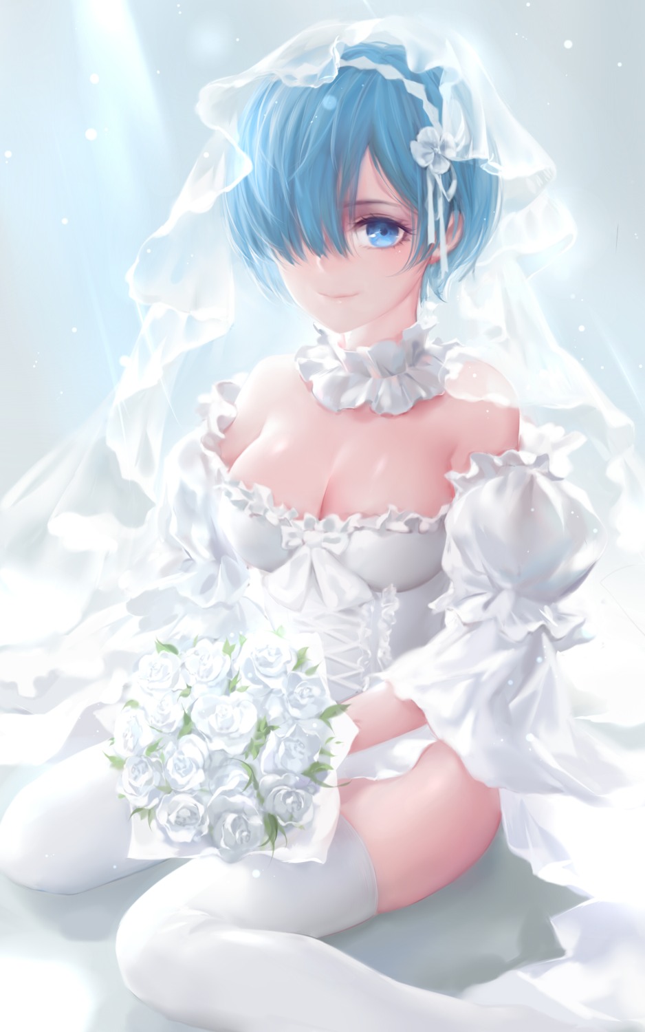 cleavage, dress, qidai, re:zero_kara_hajimeru_isekai_seikatsu, rem_(re_zero), thighhighs, wedding_dress