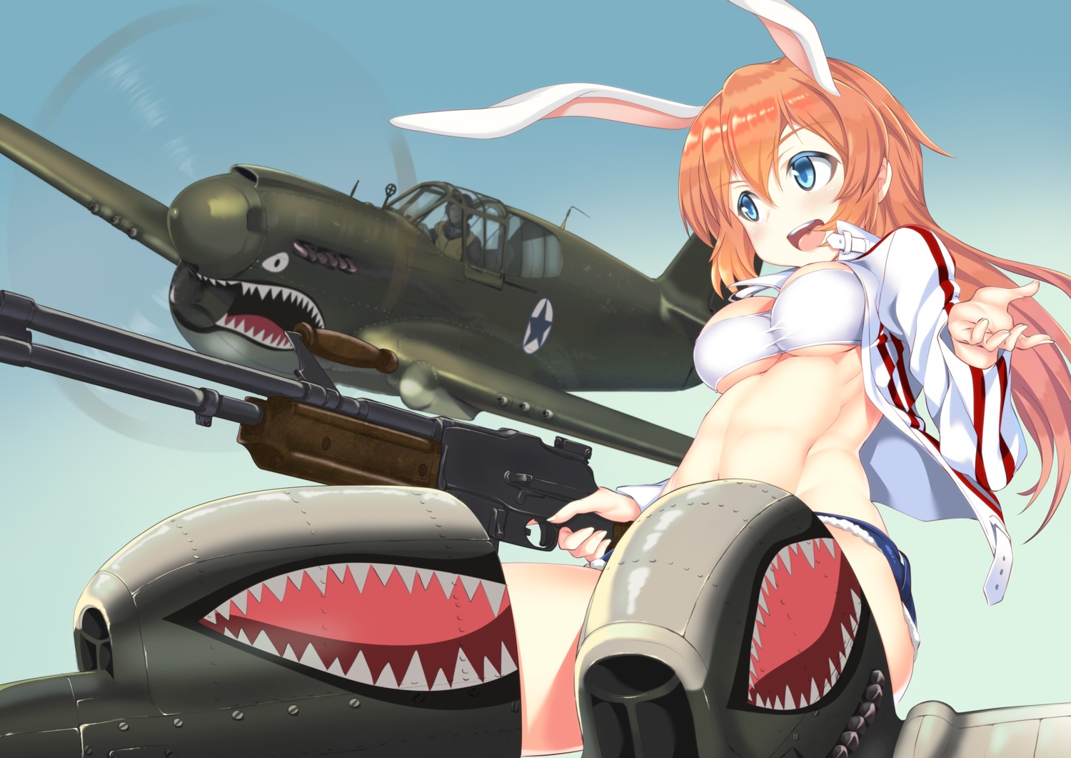 a9b_(louis814), animal_ears, bikini_top, bunny_ears, charlotte_e_yeager, cleavage, gun, open_shirt