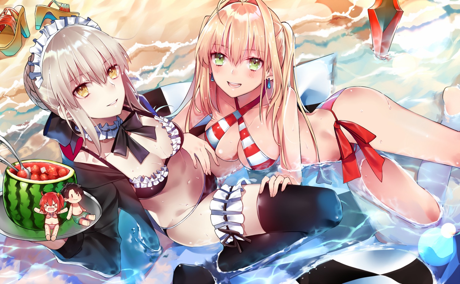 artoria_pendragon_(fate), artoria_pendragon_alter_(fate), bikini, chibi, cleavage, fate/grand_order, garter, ichinosenen