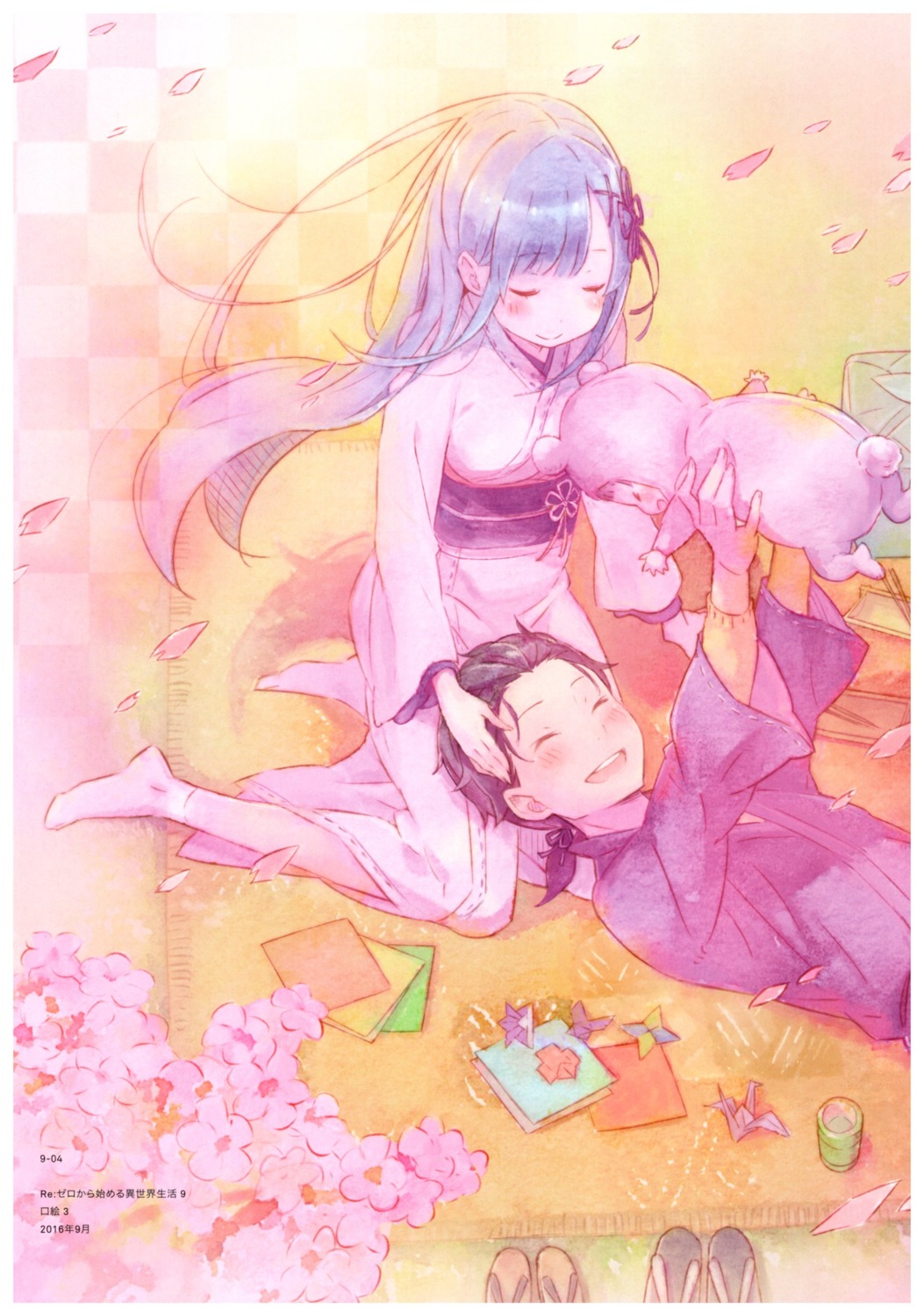 animal_ears, natsuki_spica, natsuki_subaru, ootsuka_shinichirou, re:zero_kara_hajimeru_isekai_seikatsu, rem_(re_zero), tail, yukata