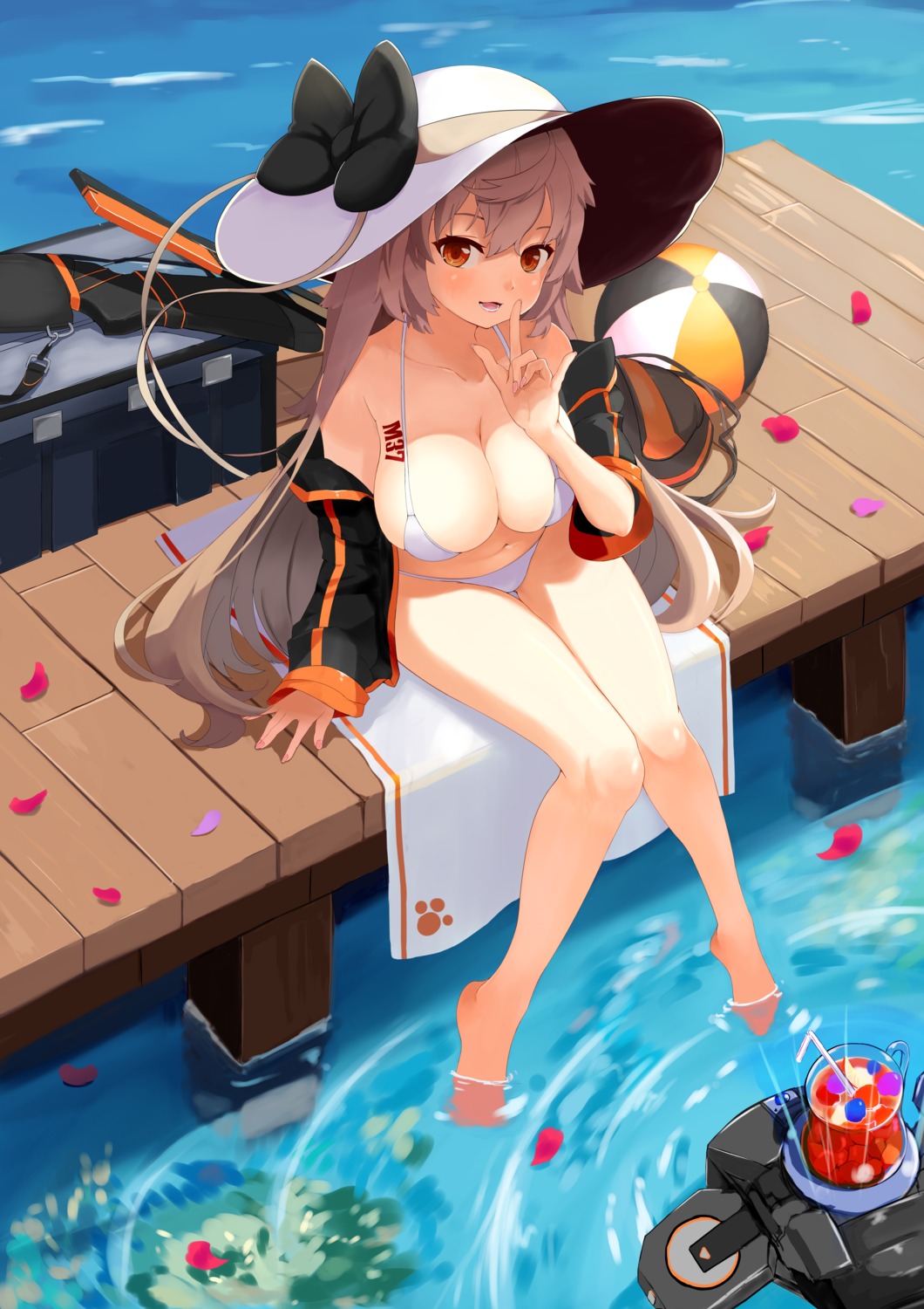 bikini, cleavage, dopamine70, girls_frontline, gun, ithaca_m37_(girls_frontline), open_shirt, swimsuits, tattoo, wet