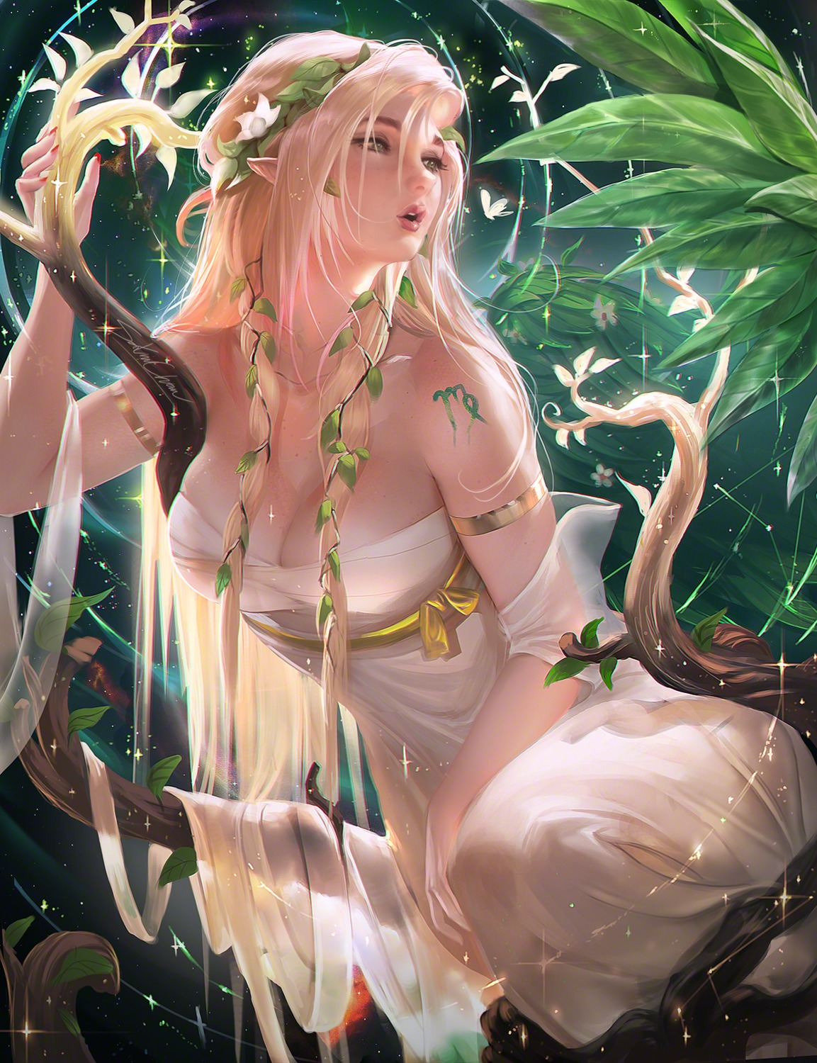 cleavage, dress, pointy_ears, sakimichan, the_zodiac, virgo