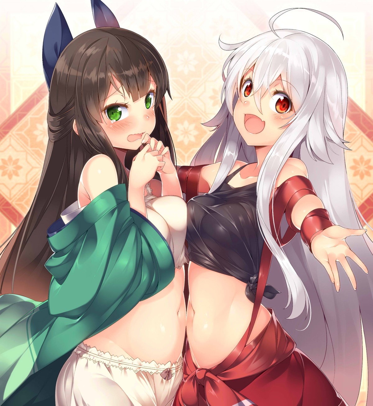 chiya_(urara_meirochou), japanese_clothes, kokka_han, lingerie, open_shirt, symmetrical_docking, tatsumi_kon, urara_meirochou