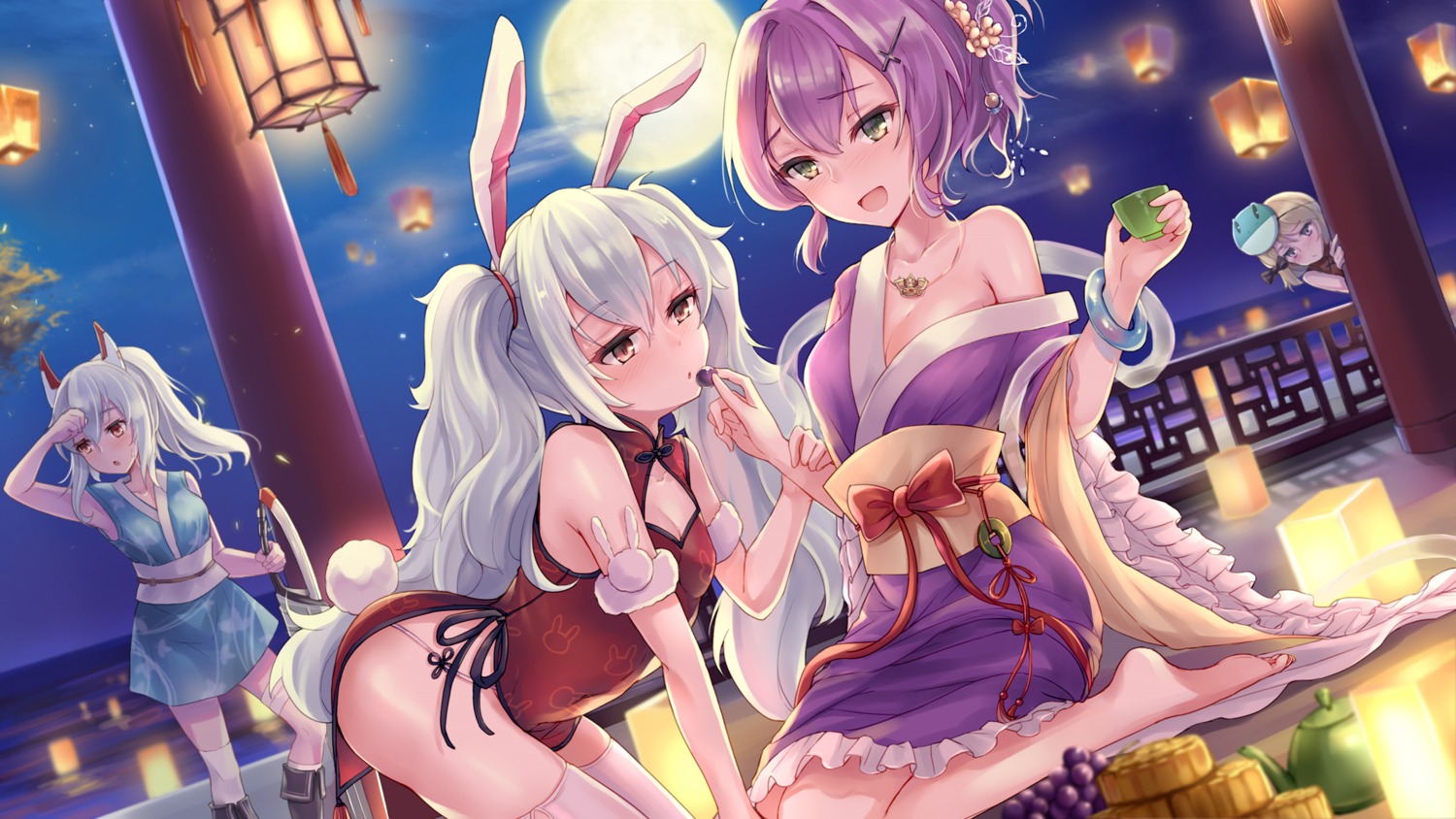 animal_ears, ayanami_(azur_lane), azur_lane, bunny_ears, chinadress, cleavage, japanese_clothes, javelin_(azur_lane), laffey_(azur_lane), open_shirt, sword, tail, thighhighs, wallpaper, yuemanhuaikong