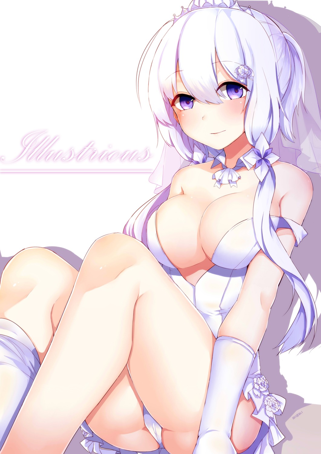 azur_lane, cleavage, dress, illustrious_(azur_lane), khibiki_(brequiem), no_bra, pantsu, thighhighs