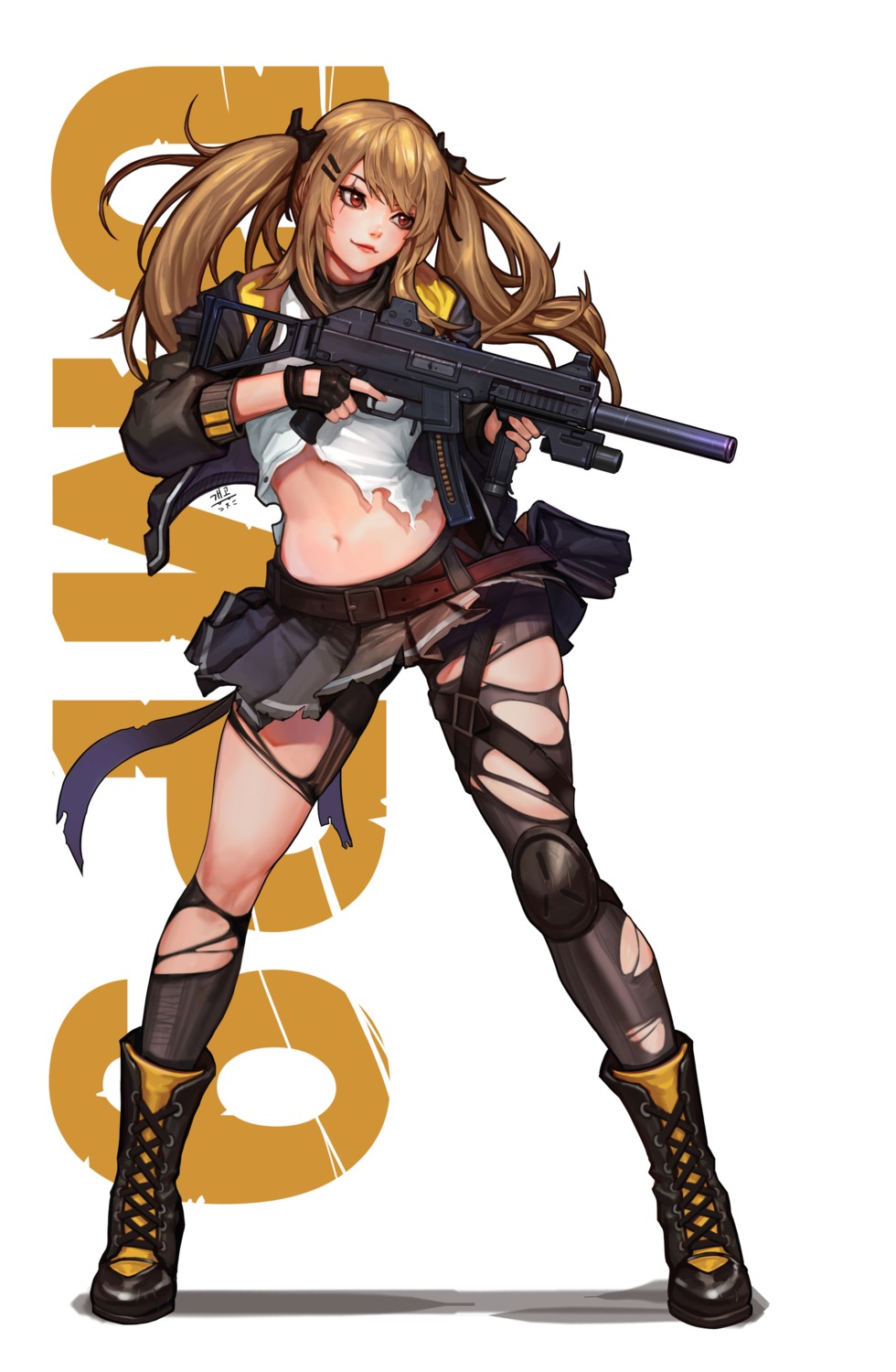 daejun_park, girls_frontline, gun, pantyhose, torn_clothes, ump9_(girls_frontline)