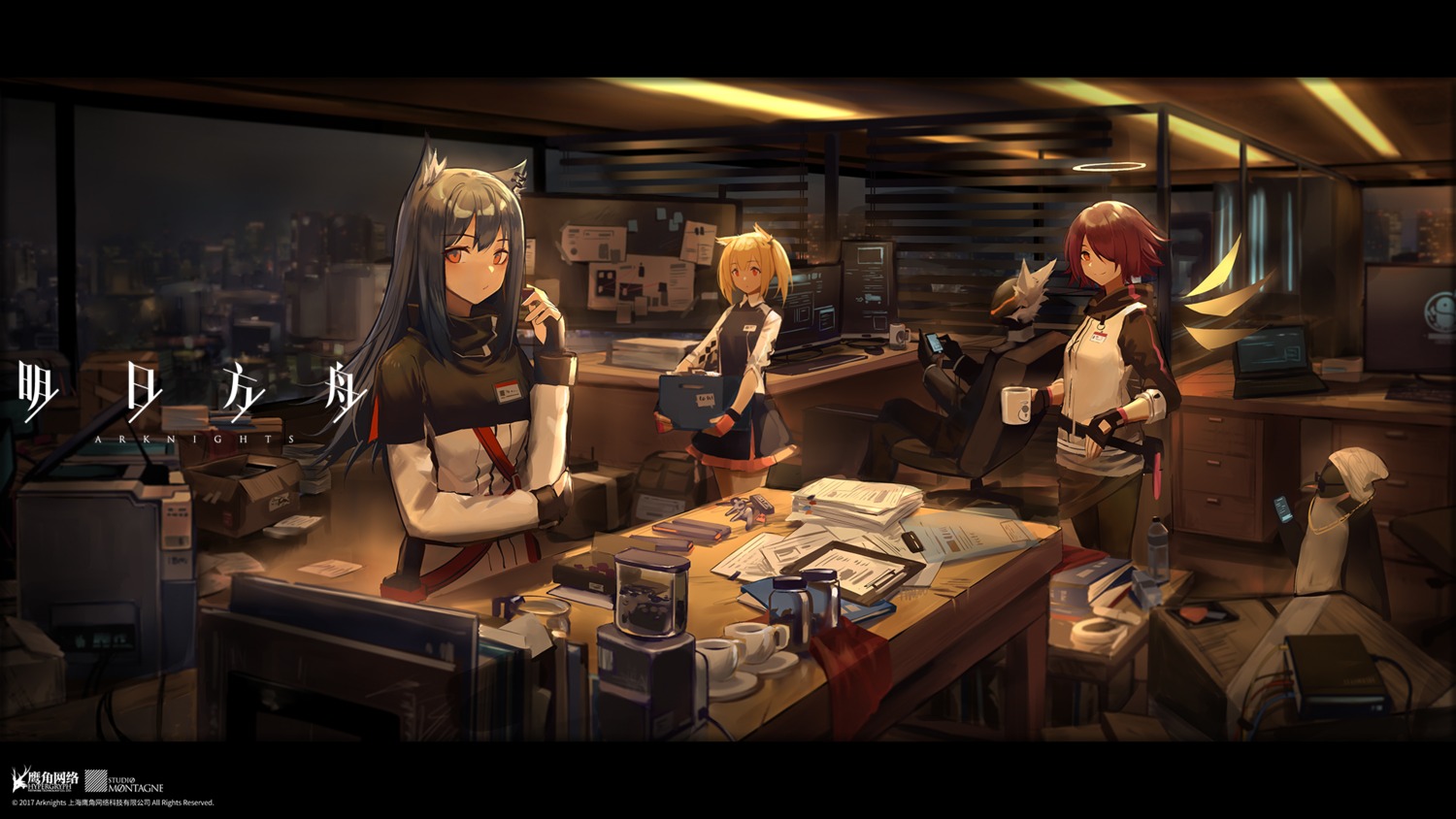 animal_ears, arknights, exusiai_(arknights), huanxiang_heitu, sora_(arknights), texas_(arknights), uniform, wallpaper