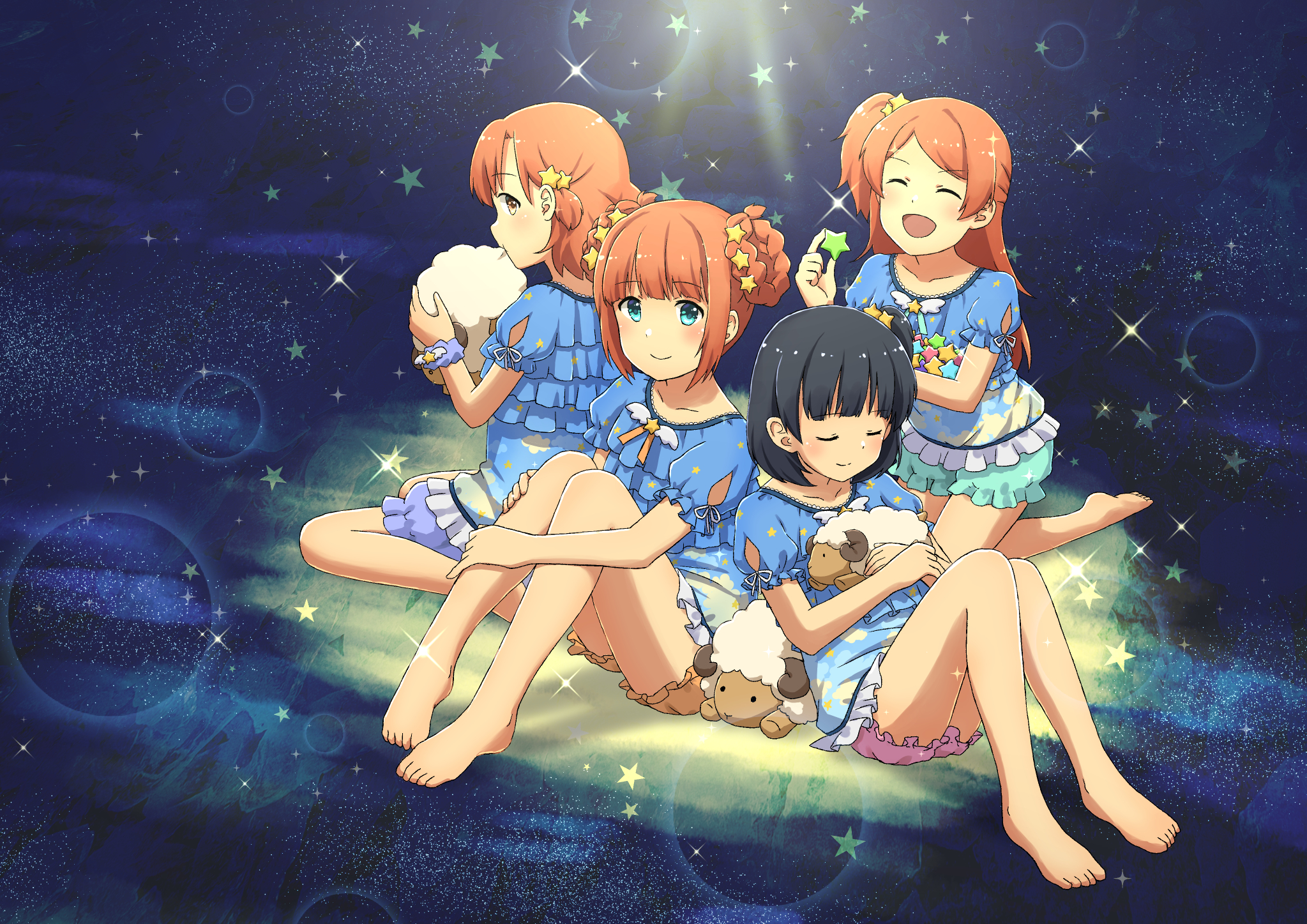 bloomers, feet, hirose_(yuki_mizore), nakatani_iku, oogami_tamaki, pajama, takatsuki_yayoi, the_idolm@ster, the_idolm@ster_million_live!, yabuki_kana