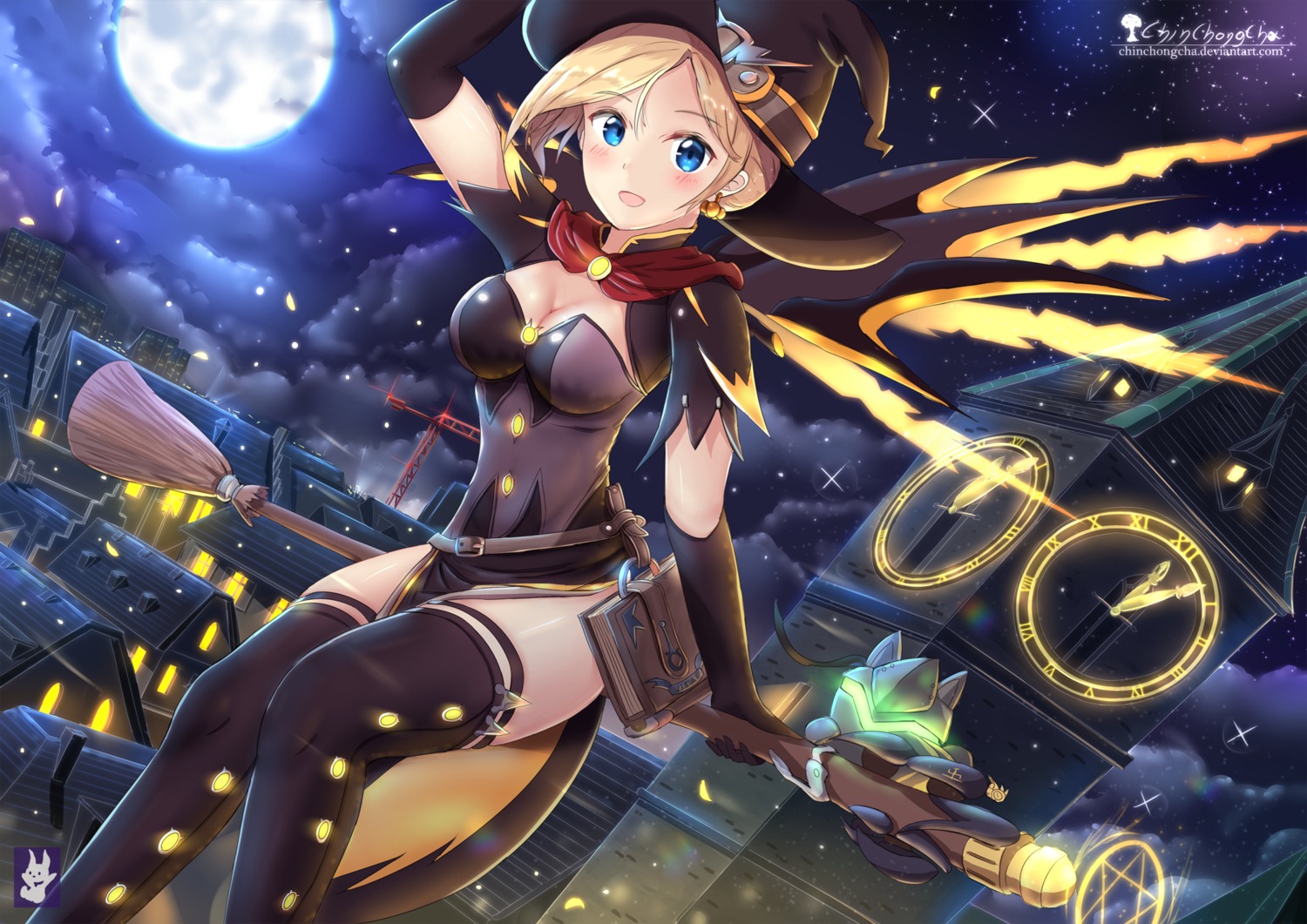 chinchongcha, cleavage, dress, halloween, mercy_(overwatch), overwatch, thighhighs, wings