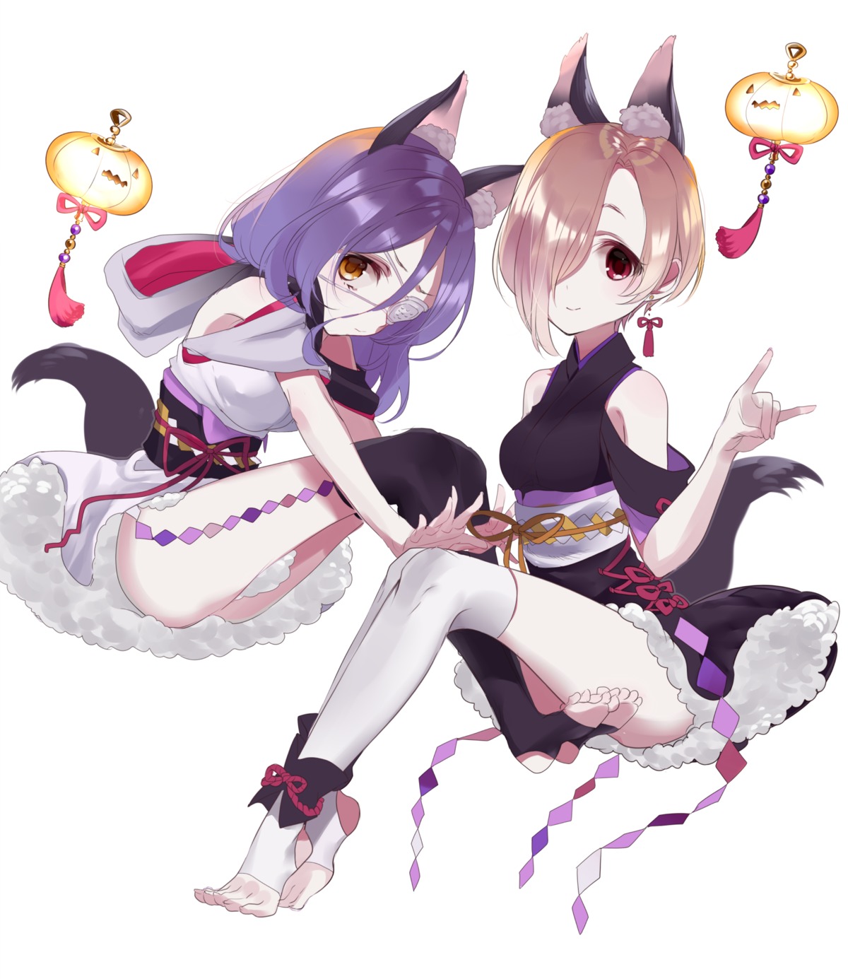 animal_ears, eyepatch, feet, hayasaka_mirei, japanese_clothes, misumi, shirasaka_koume, tail