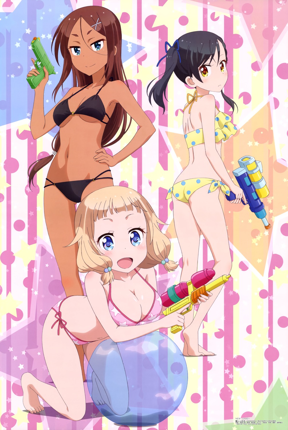 ahagon_umiko, ass, bikini, cleavage, gun, kaiho_hitomi, narumi_tsubame, new_game!, sakura_nene, swimsuits, underboob