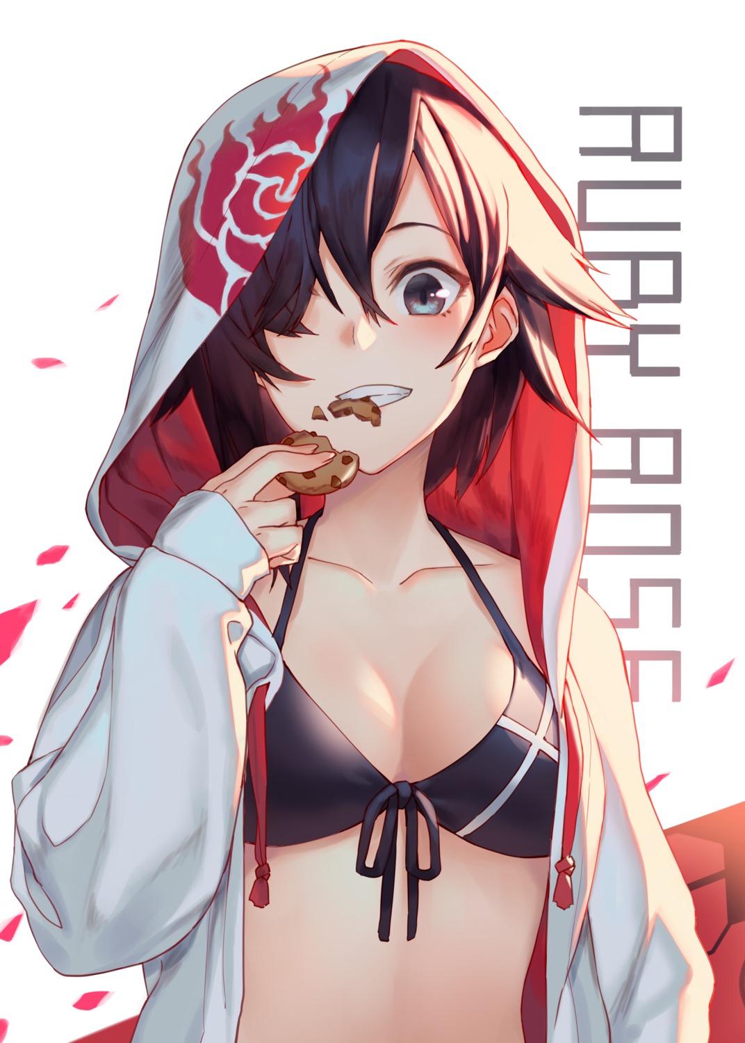 bikini_top, cleavage, izumi_sai, open_shirt, ruby_rose, rwby, swimsuits