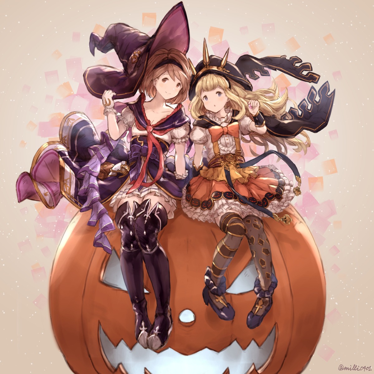 cagliostro_(granblue_fantasy), djeeta_(granblue_fantasy), granblue_fantasy, halloween, heels, milli_little, thighhighs, witch