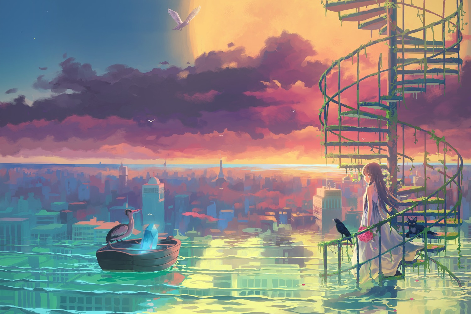 dress, jpeg_artifacts, landscape, neko, vofan
