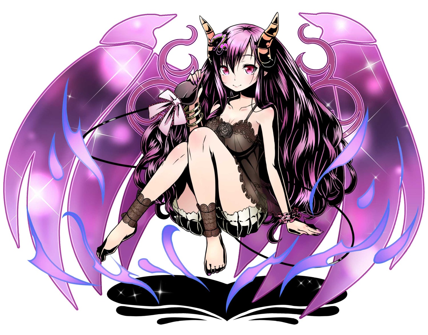 cleavage, devil, divine_gate, feet, horns, lingerie, pointy_ears, see_through