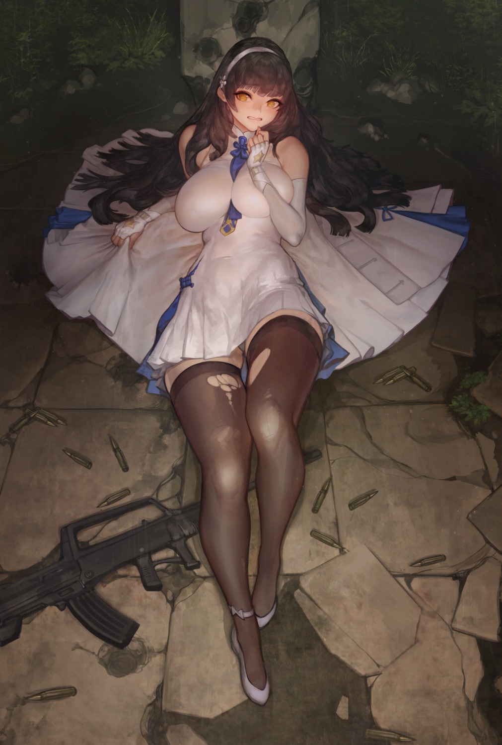 breast_hold, dress, girls_frontline, gun, heels, instant_ip, pantsu, qbz-95_(girls_frontline), thighhighs, torn_clothes