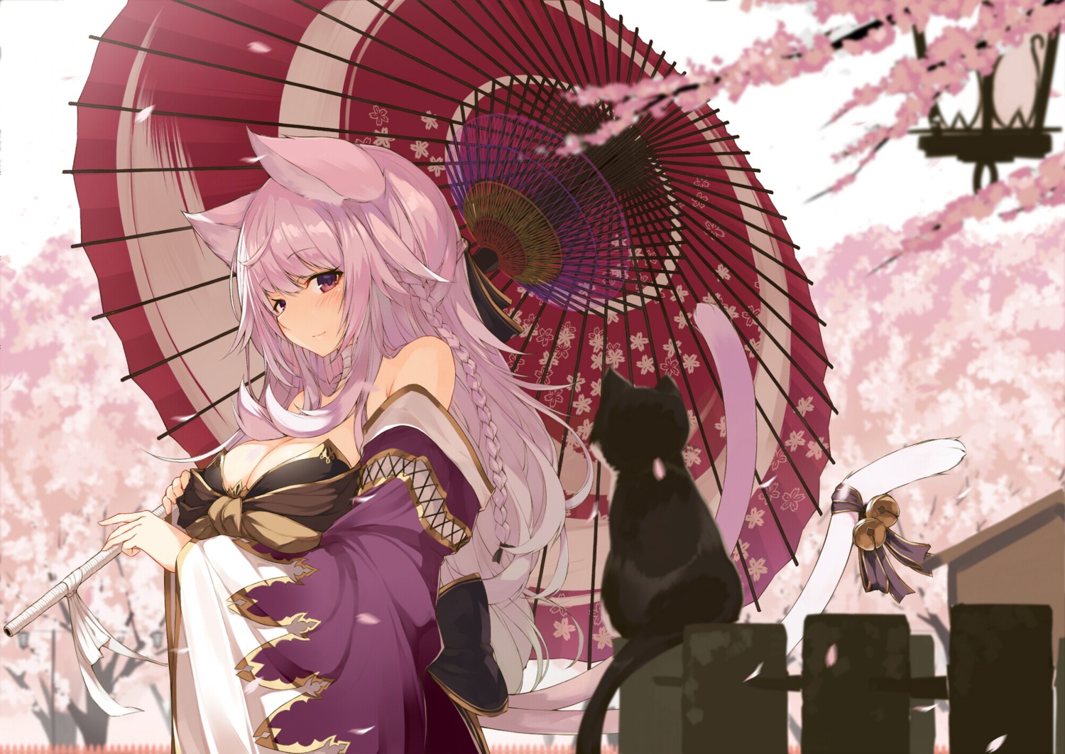 animal_ears, cleavage, neko, nekomimi, tail, umbrella, yuui_hutabakirage