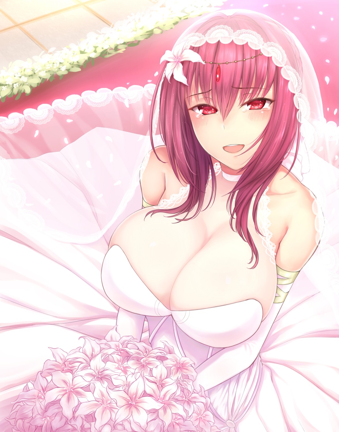 cleavage, dress, fate/grand_order, lun7732, scathach_(fate), wedding_dress