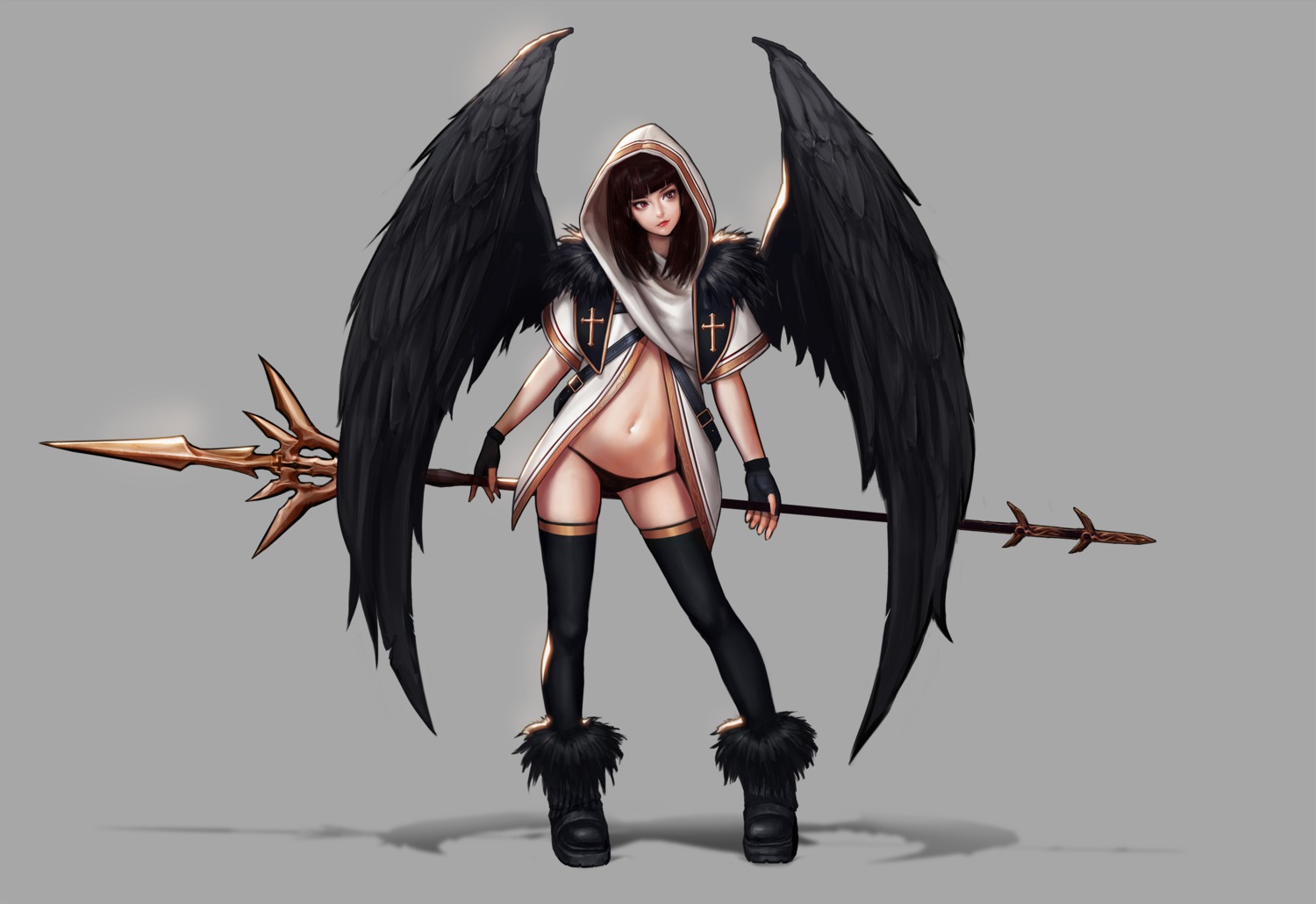 jugon, pantsu, thighhighs, weapon, wings