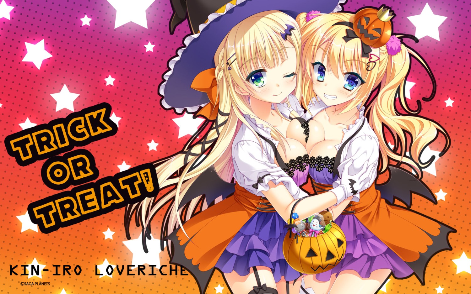 cleavage, dress, halloween, hontani_kanae, kin-iro_loveriche, kisaki_reina, saga_planets, stockings, sylvia_le_cruzcrown_sortilege_sisua, symmetrical_docking, thighhighs, toranosuke, wallpaper, wings, witch