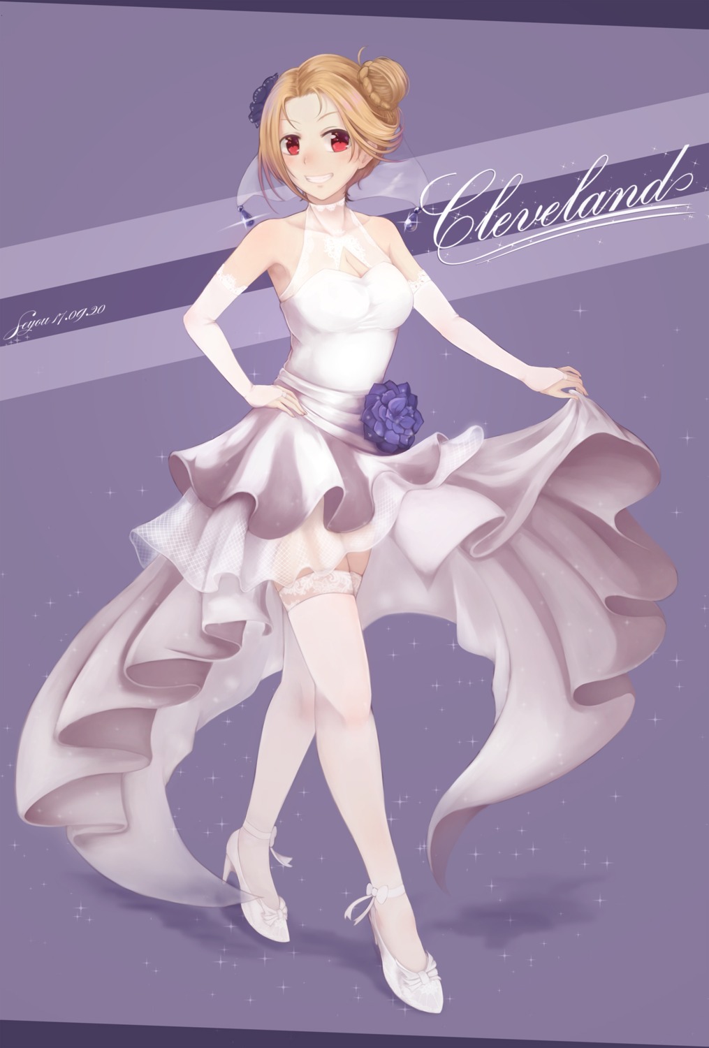 azur_lane, cleavage, cleveland_(azur_lane), dress, heels, seyo_u, skirt_lift, thighhighs, wedding_dress