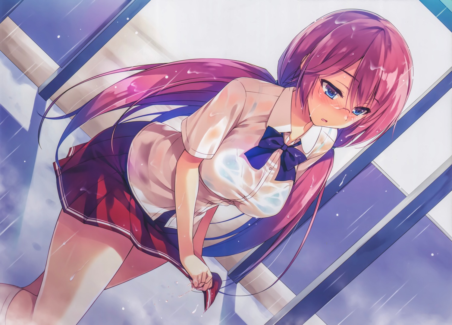 bra, megane, sakura_airi, see_through, seifuku, skirt_lift, tomose_shunsaku, wet_clothes
