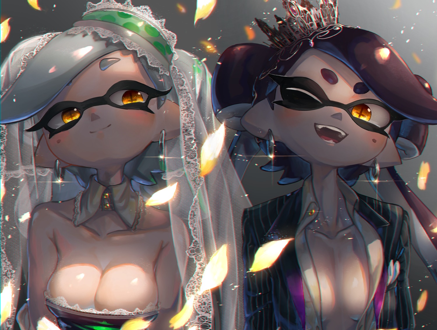 aori_(splatoon), cleavage, hotaru_(splatoon), kashu_(hizake), no_bra, open_shirt, pointy_ears, splatoon