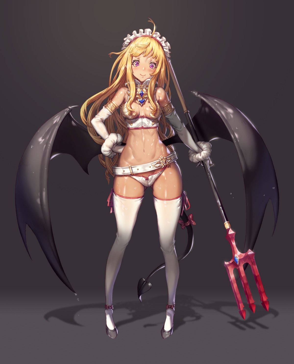 bikini_armor, cleavage, sseli, tail, thighhighs, weapon, wings