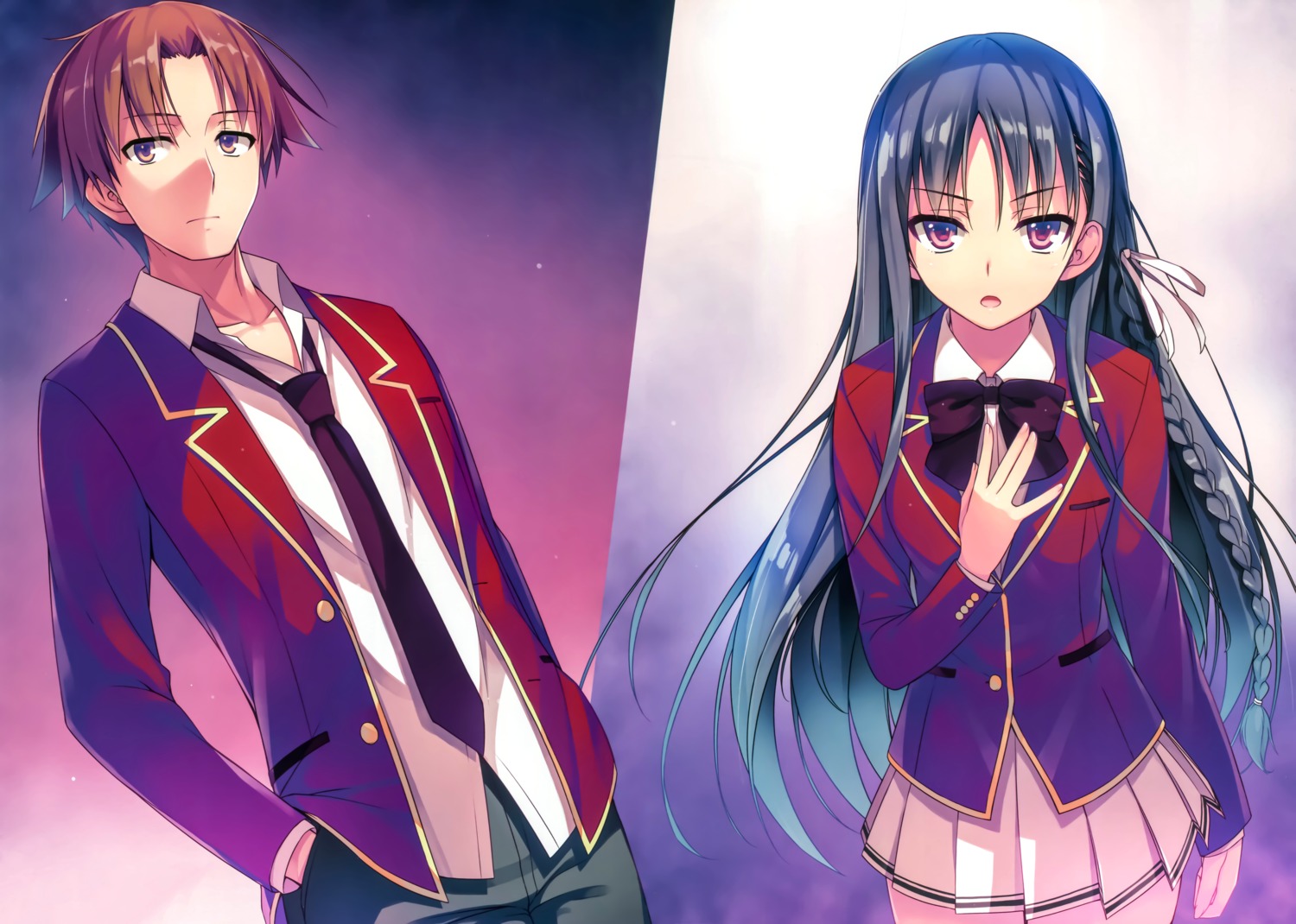ayanokouji_kiyotaka, horikita_suzune, seifuku, tomose_shunsaku, youkoso_jitsuryoku_shijou_shugi_no_kyoushitsu_e