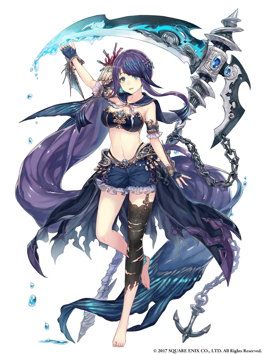 cleavage, ji_no, little_mermaid_(sinoalice), sinoalice, stockings, thighhighs, torn_clothes, weapon