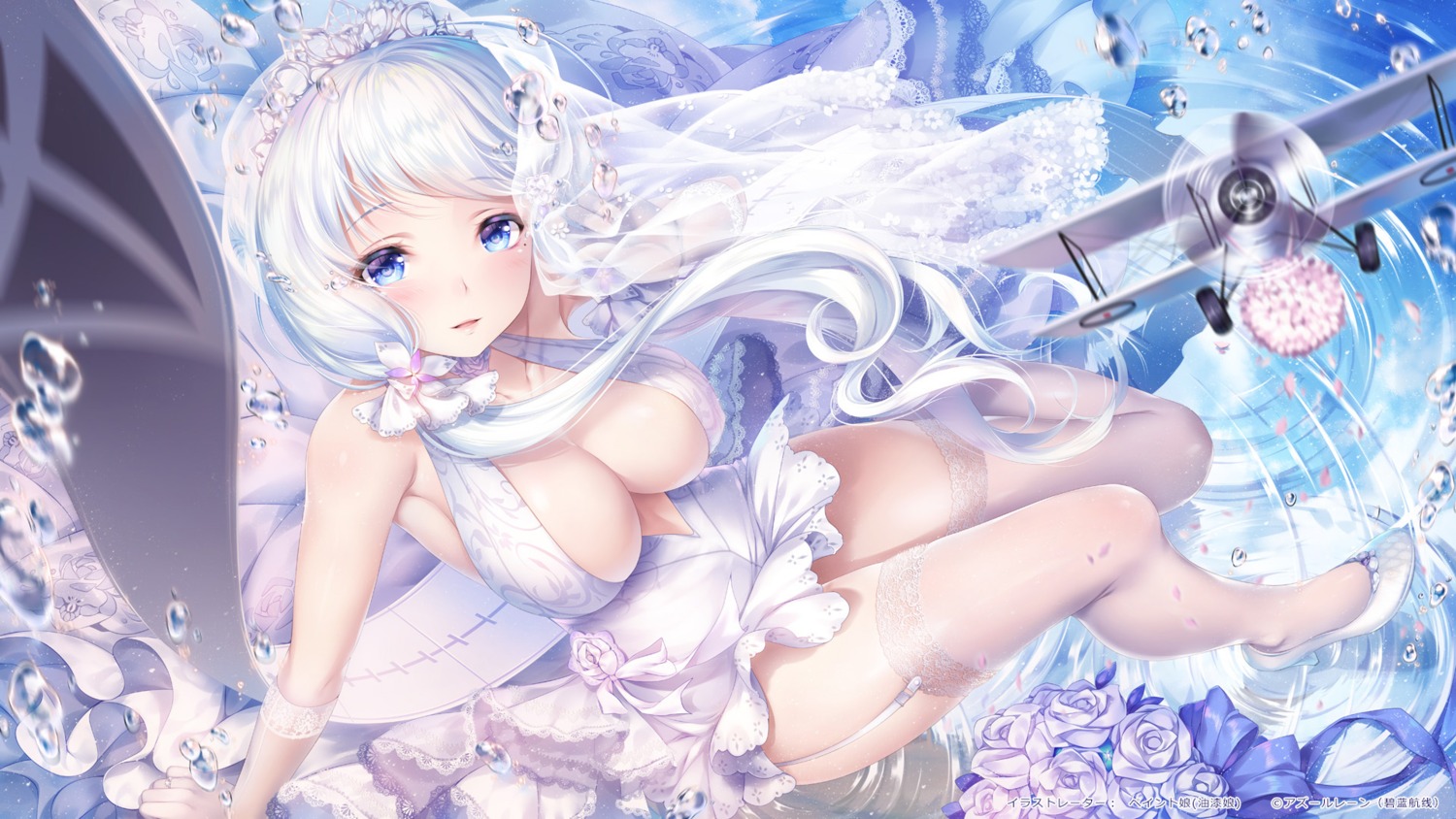 azur_lane, cleavage, dress, heels, illustrious_(azur_lane), paint_musume, stockings, thighhighs, wallpaper, wedding_dress
