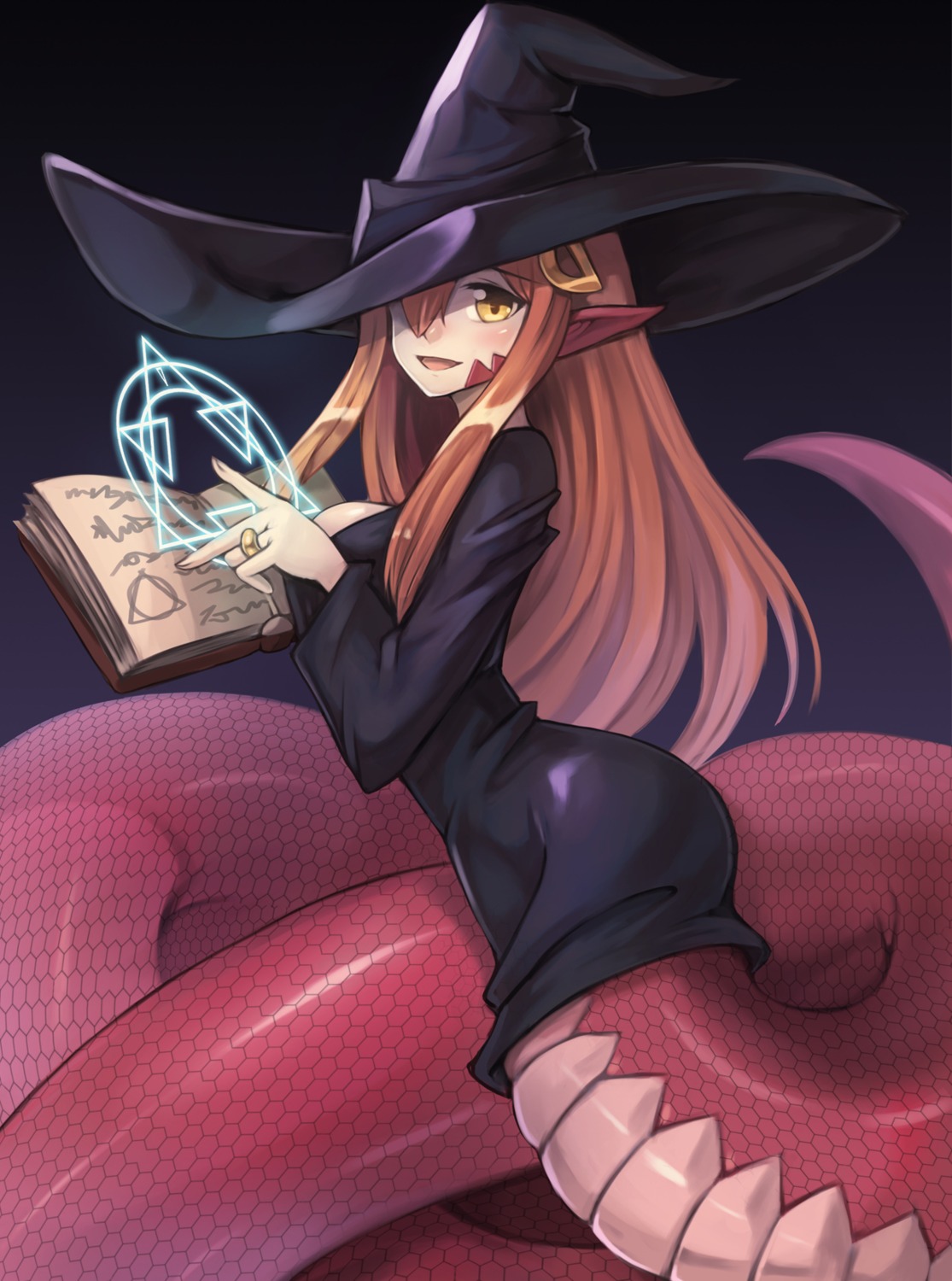 dress, miia_(monster_musume), monster_girl, monster_musume_no_iru_nichijou, pointy_ears, sookmo, tail, witch