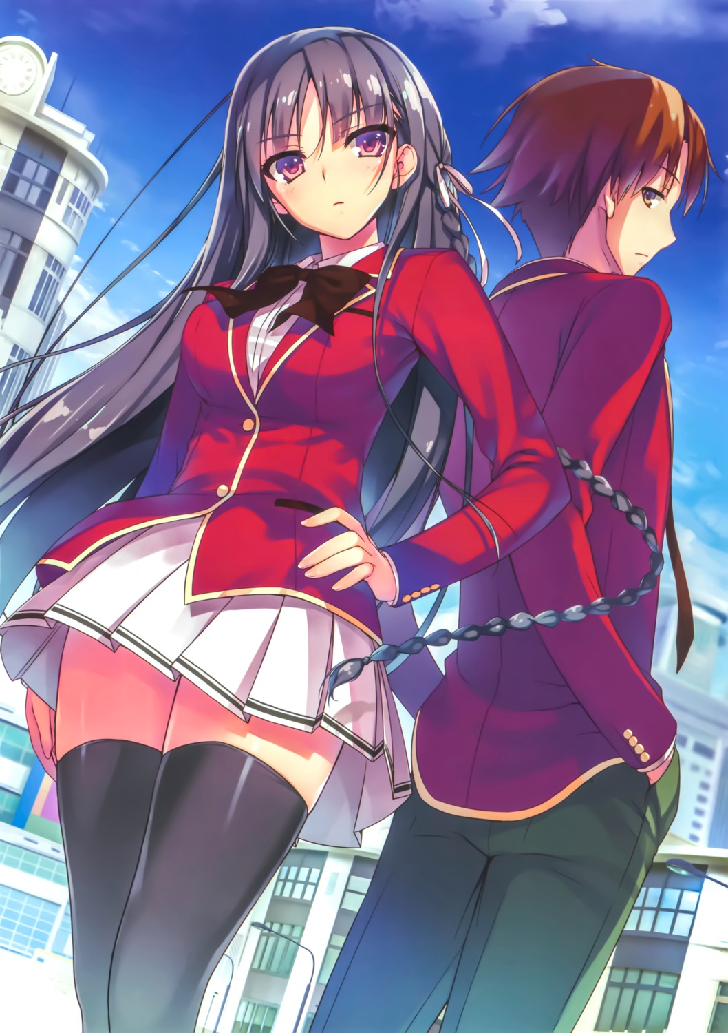 ayanokouji_kiyotaka, horikita_suzune, seifuku, thighhighs, tomose_shunsaku, youkoso_jitsuryoku_shijou_shugi_no_kyoushitsu_e