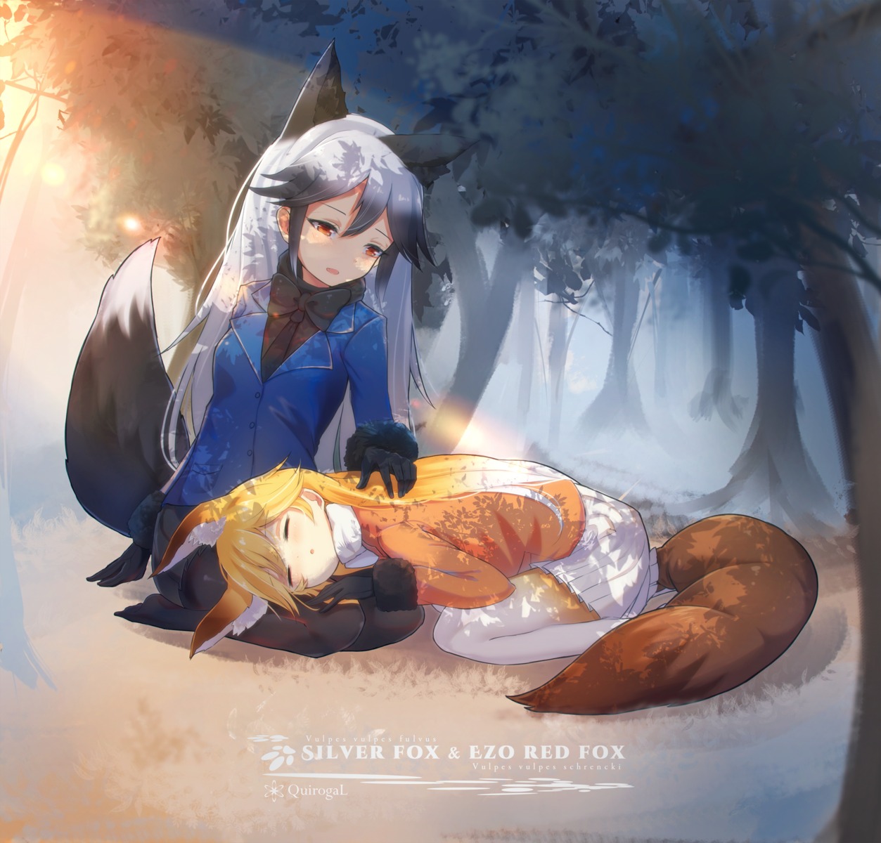 animal_ears, ezo_red_fox, kemono_friends, nasuno_chiyo, pantyhose, silver_fox, tail