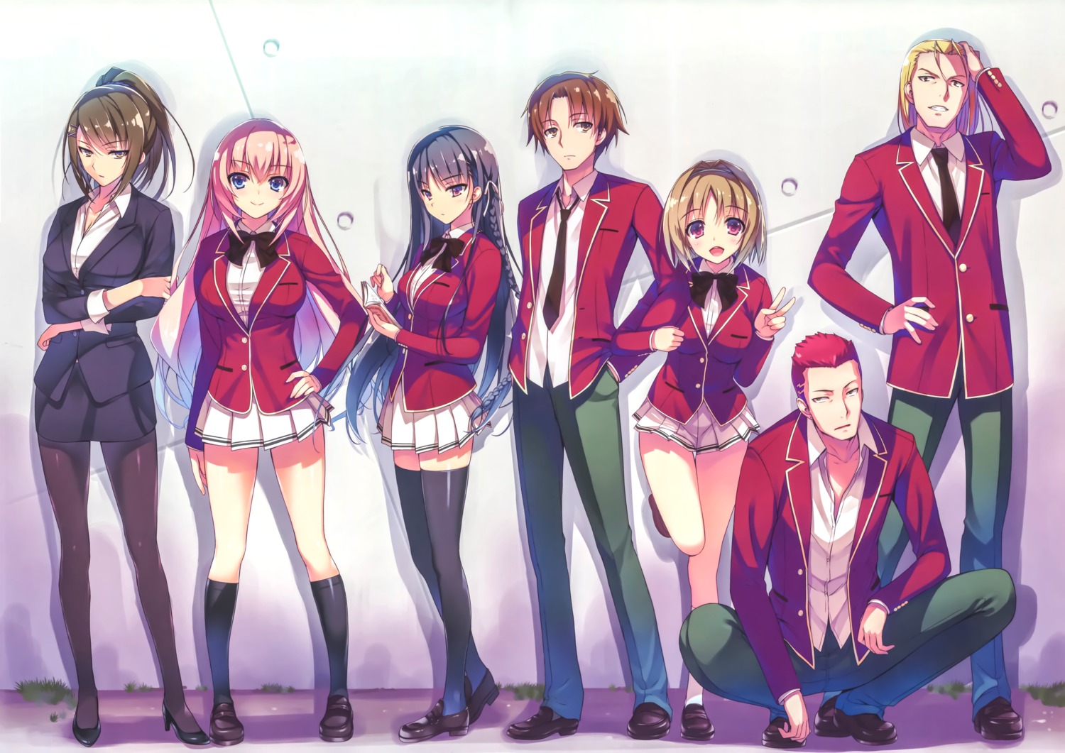 ayanokouji_kiyotaka, business_suit, chabashira_sae, heels, horikita_suzune, kouenji_rokusuke, kushida_kikyou, pantyhose, sakura_airi, seifuku, sudou_ken, thighhighs, tomose_shunsaku, youkoso_jitsuryoku_shijou_shugi_no_kyoushitsu_e