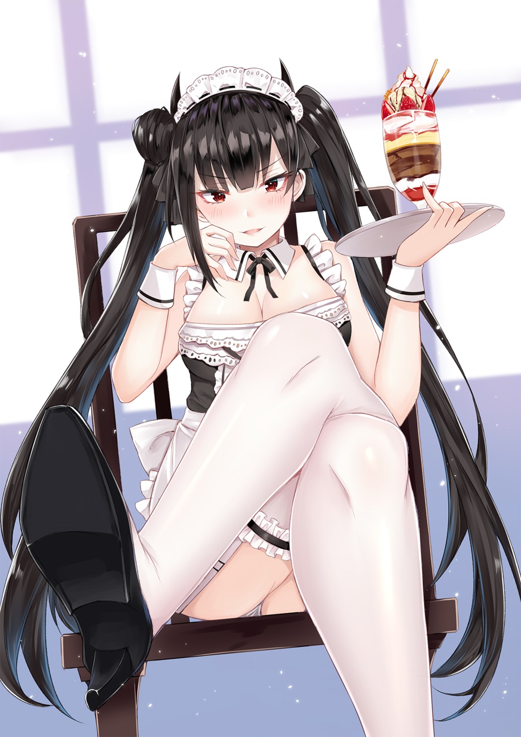 cleavage, coffeedog, girls_frontline, heels, maid, ouroboros_(girls_frontline), pantsu, stockings, thighhighs, waitress