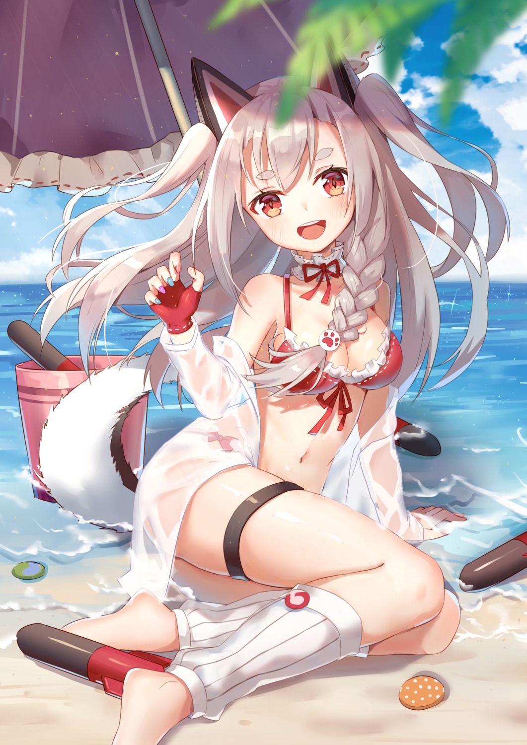 animal_ears, azur_lane, bikini, cleavage, garter, open_shirt, see_through, swimsuits, tail, wet, yuhuan, yuudachi_(azur_lane)