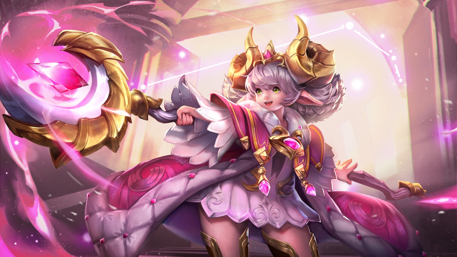 arena_of_valor, dress, horns, pointy_ears, tagme, weapon