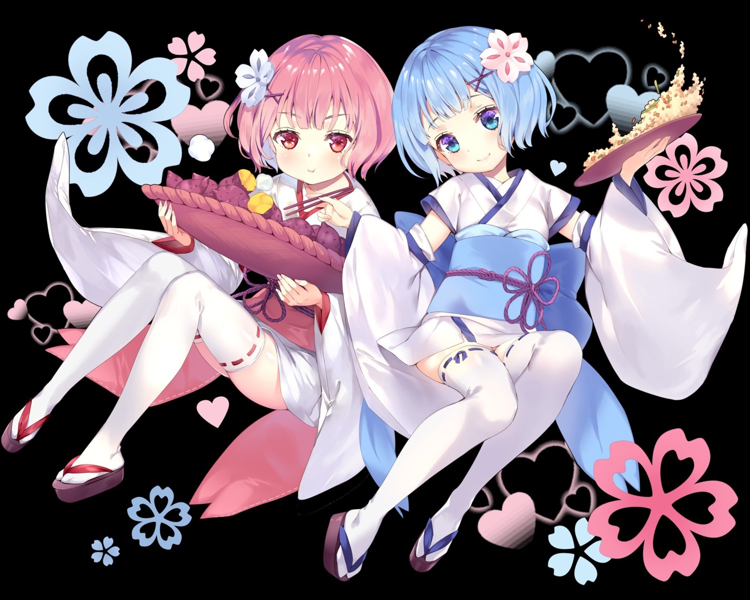 japanese_clothes, ram_(re_zero), re:zero_kara_hajimeru_isekai_seikatsu, rem_(re_zero), rozer, thighhighs