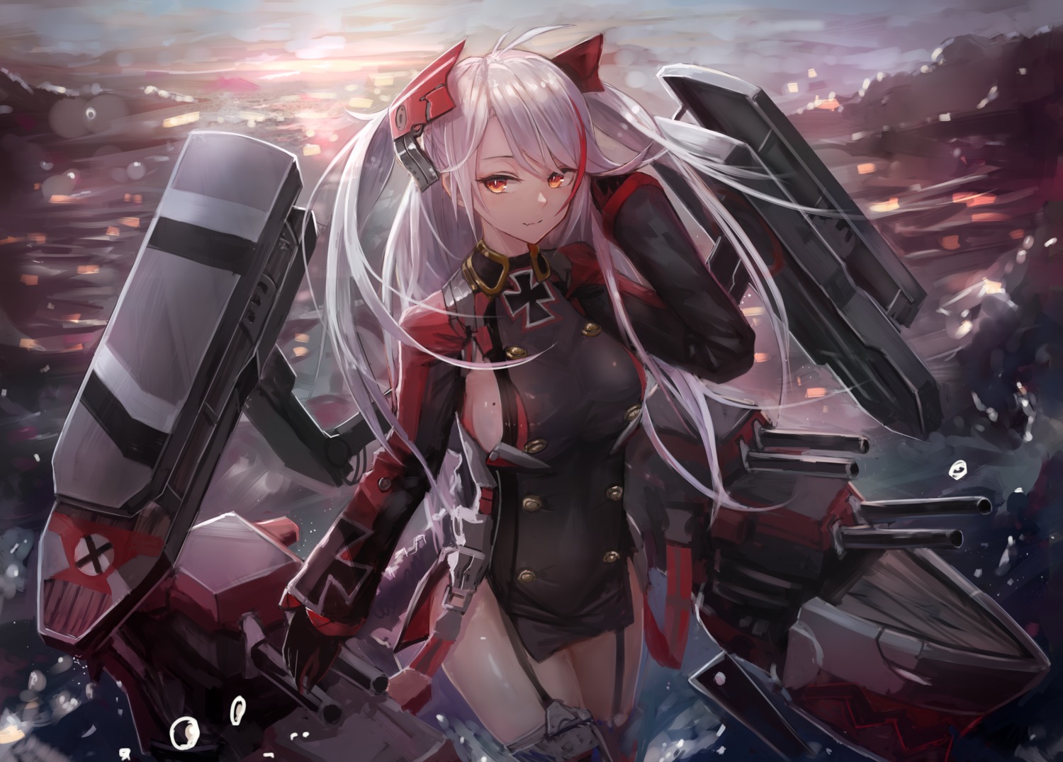 azur_lane, mihato_senba, no_bra, prinz_eugen_(azur_lane), stockings, thighhighs, uniform