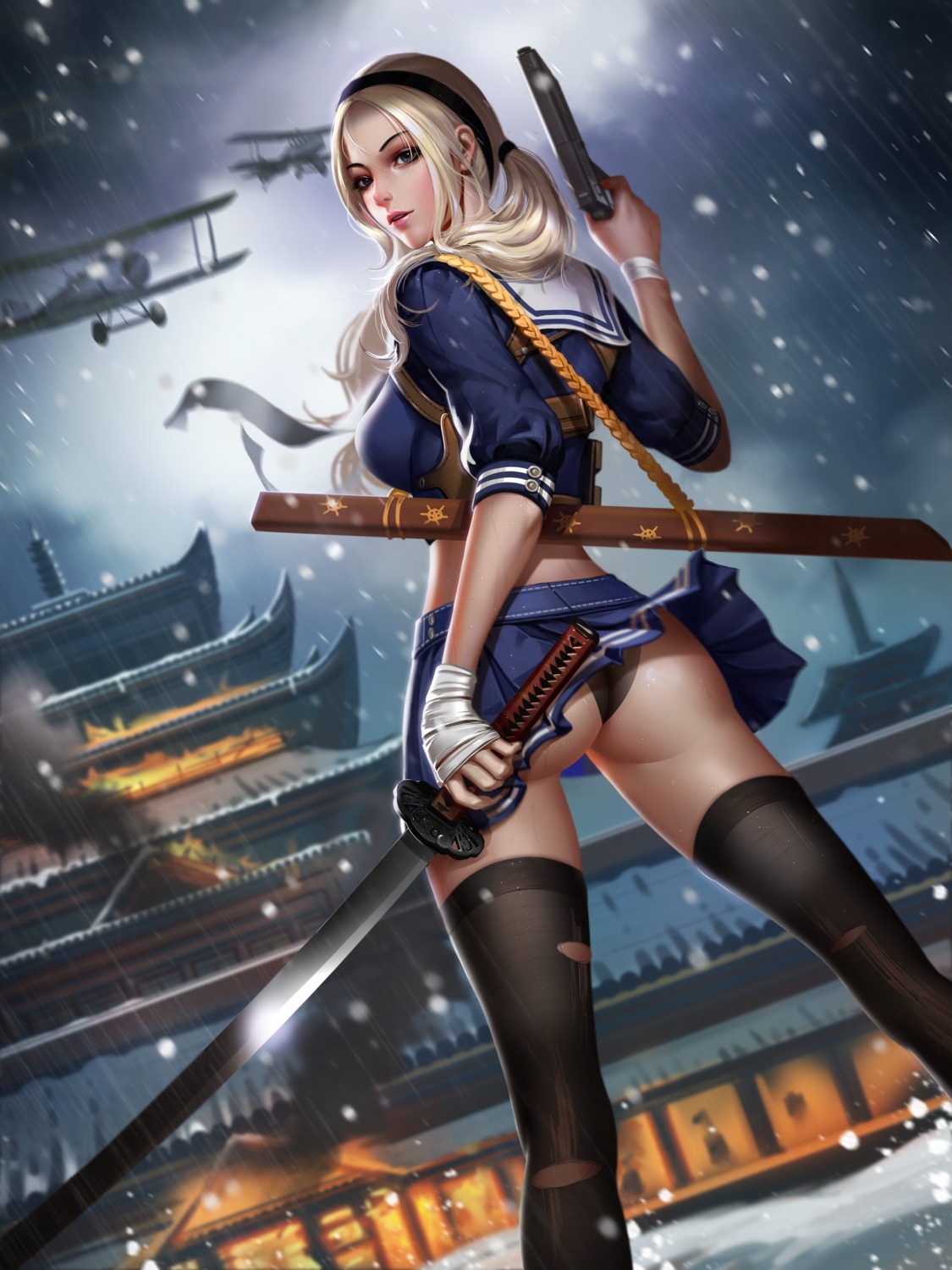 ass, baby_doll, gun, liang_xing, pantsu, seifuku, sucker_punch, sword, thighhighs, torn_clothes