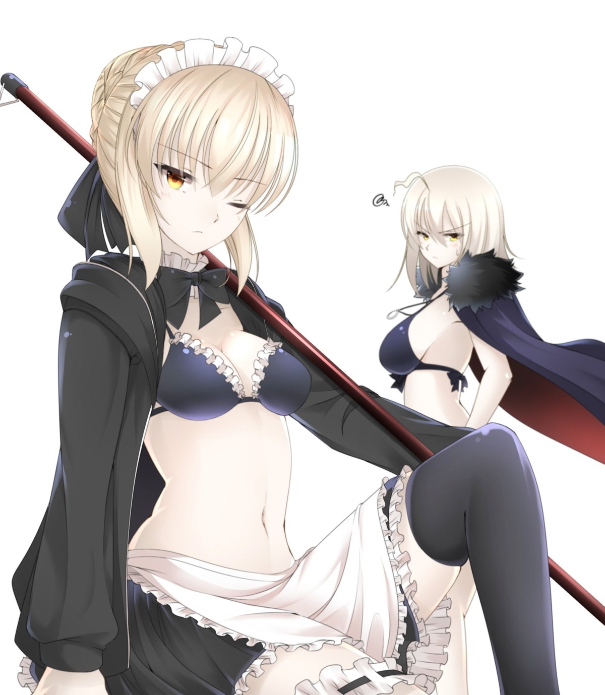 artoria_pendragon_(fate), artoria_pendragon_alter_(fate), bikini_top, cleavage, fate/grand_order, garter, jeanne_d'arc, jeanne_d'arc_alter_(fate), koro_(tyunnkoro0902), maid, open_shirt, swimsuits, thighhighs
