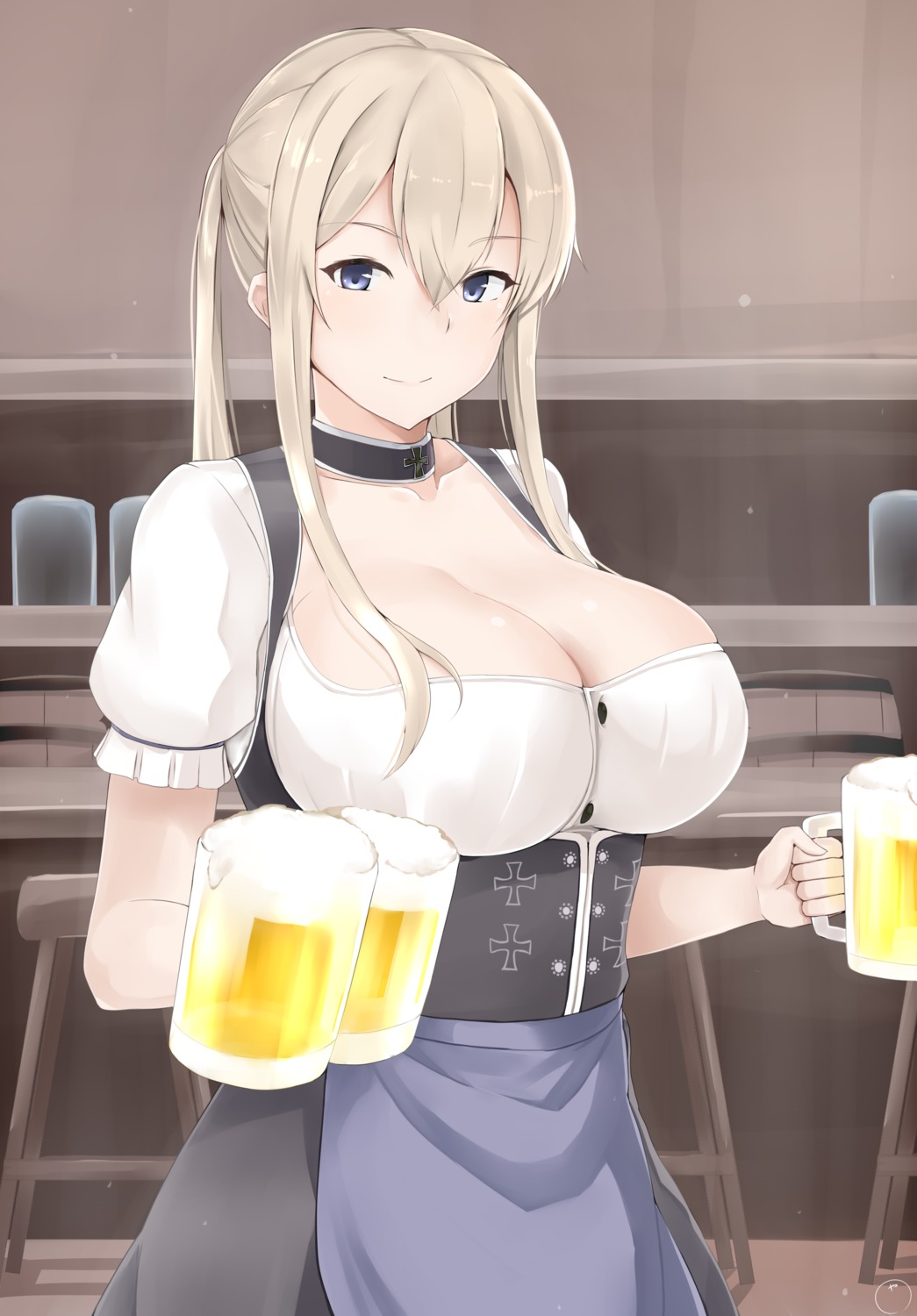 cleavage, graf_zeppelin_(kancolle), kantai_collection, maruya1006, open_shirt, waitress