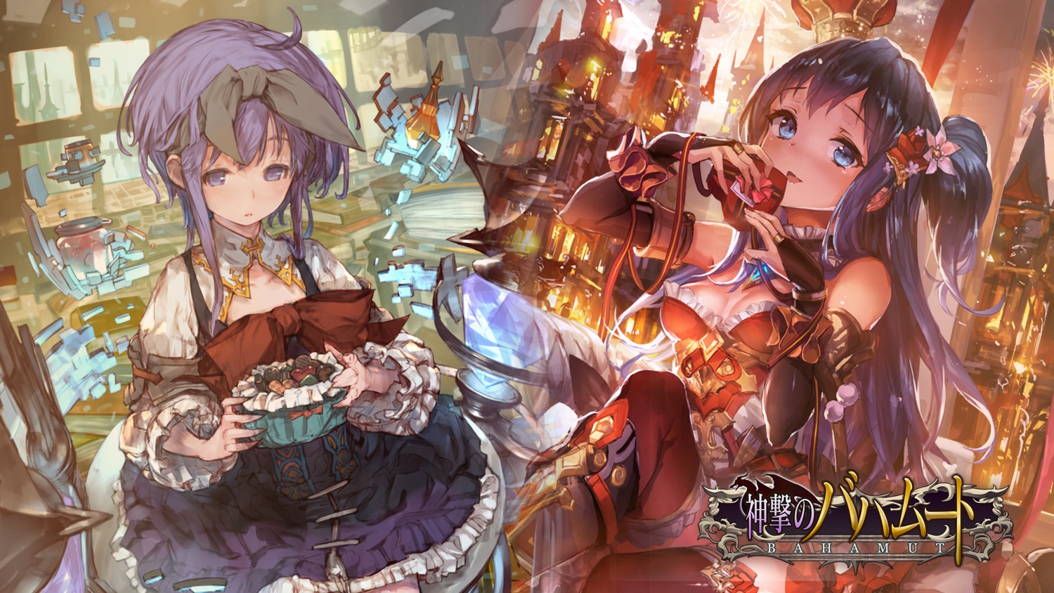 cleavage, dress, kagawa_taro, lityer_(shingeki_no_bahamut), lm7, shingeki_no_bahamut, thighhighs, wallpaper