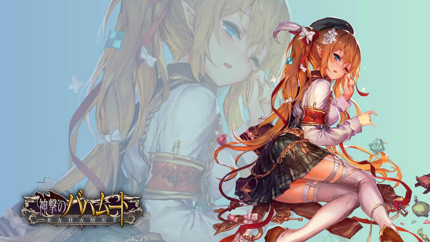 elf, hanna_(shingeki_no_bahamut), lm7, pointy_ears, seifuku, shingeki_no_bahamut, stockings, thighhighs, wallpaper